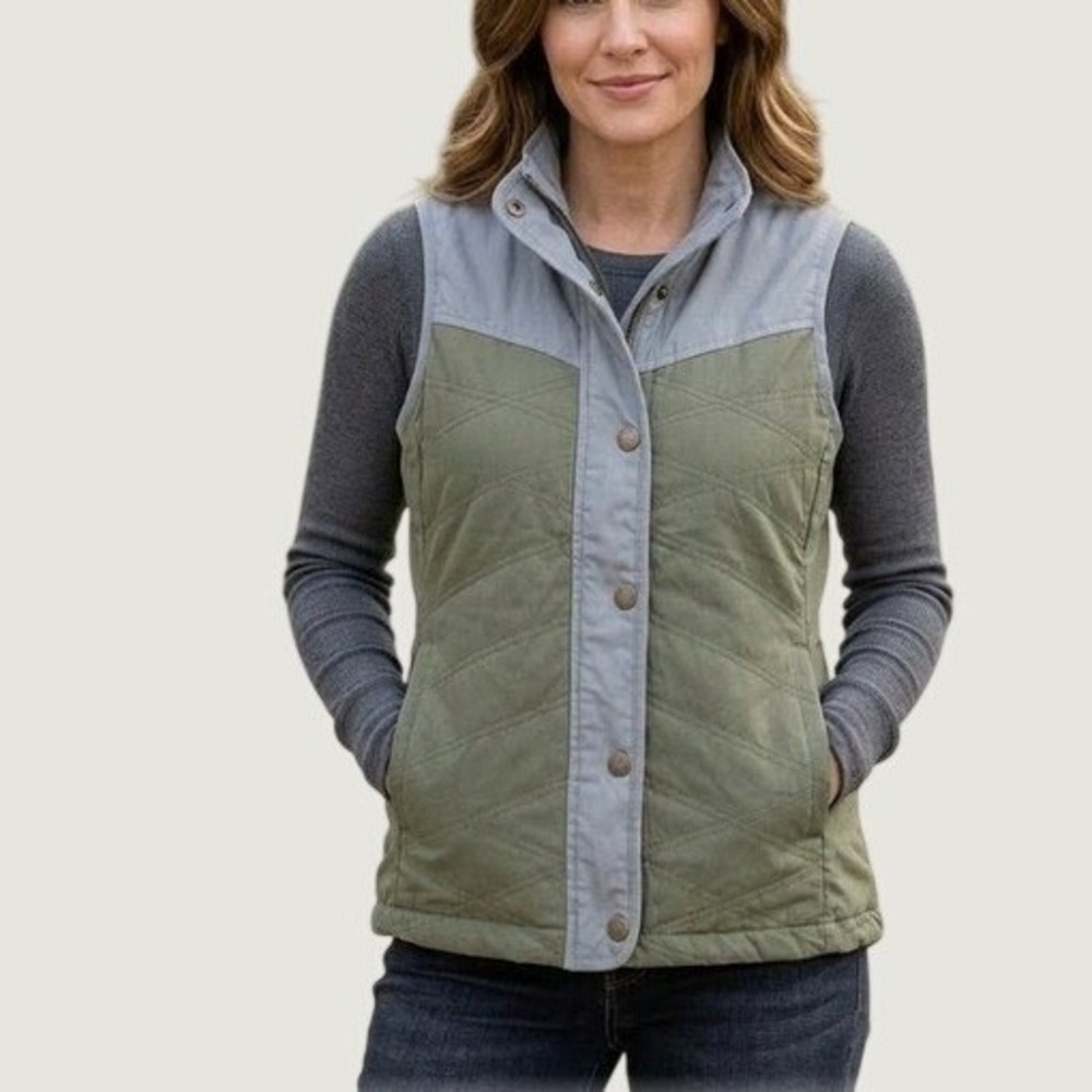 Magellan Outdoors Womens Quilted Puffer Vest Olive Green Gray Classic Fit Medium